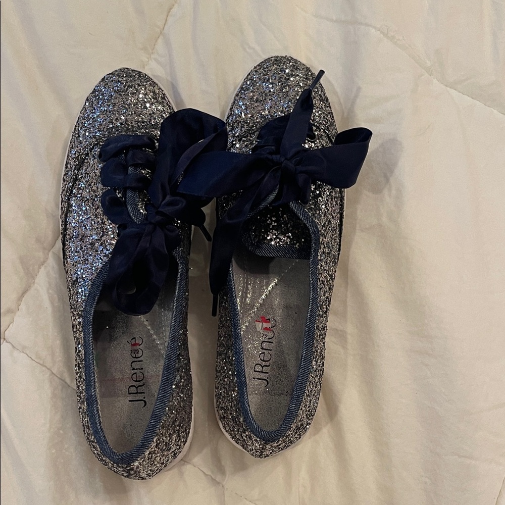 J.Renee Glitter Sneakers lace up  with Dark Blue Ribbon. Flats. Party !